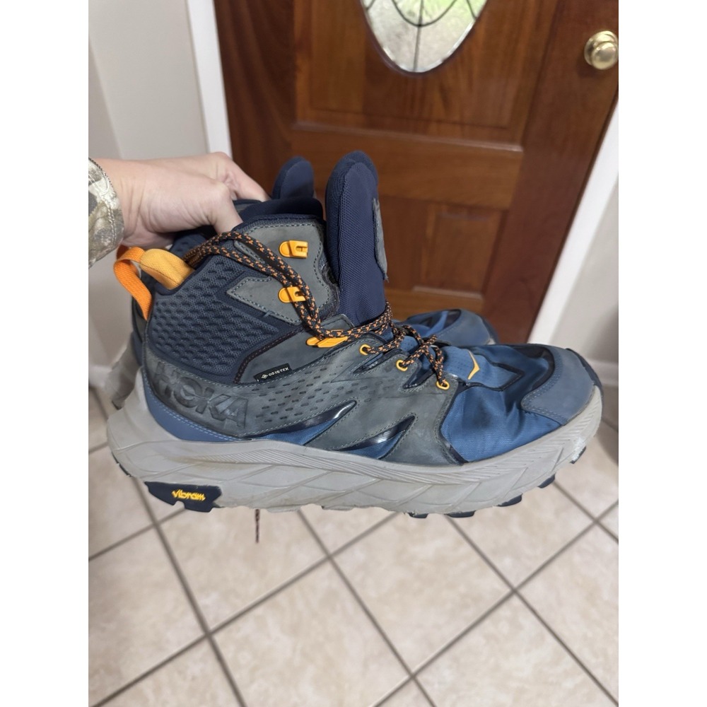 HOKA Anacapa Mid Hiking Boots Blue Gray Orange Vibram Outsole Soles